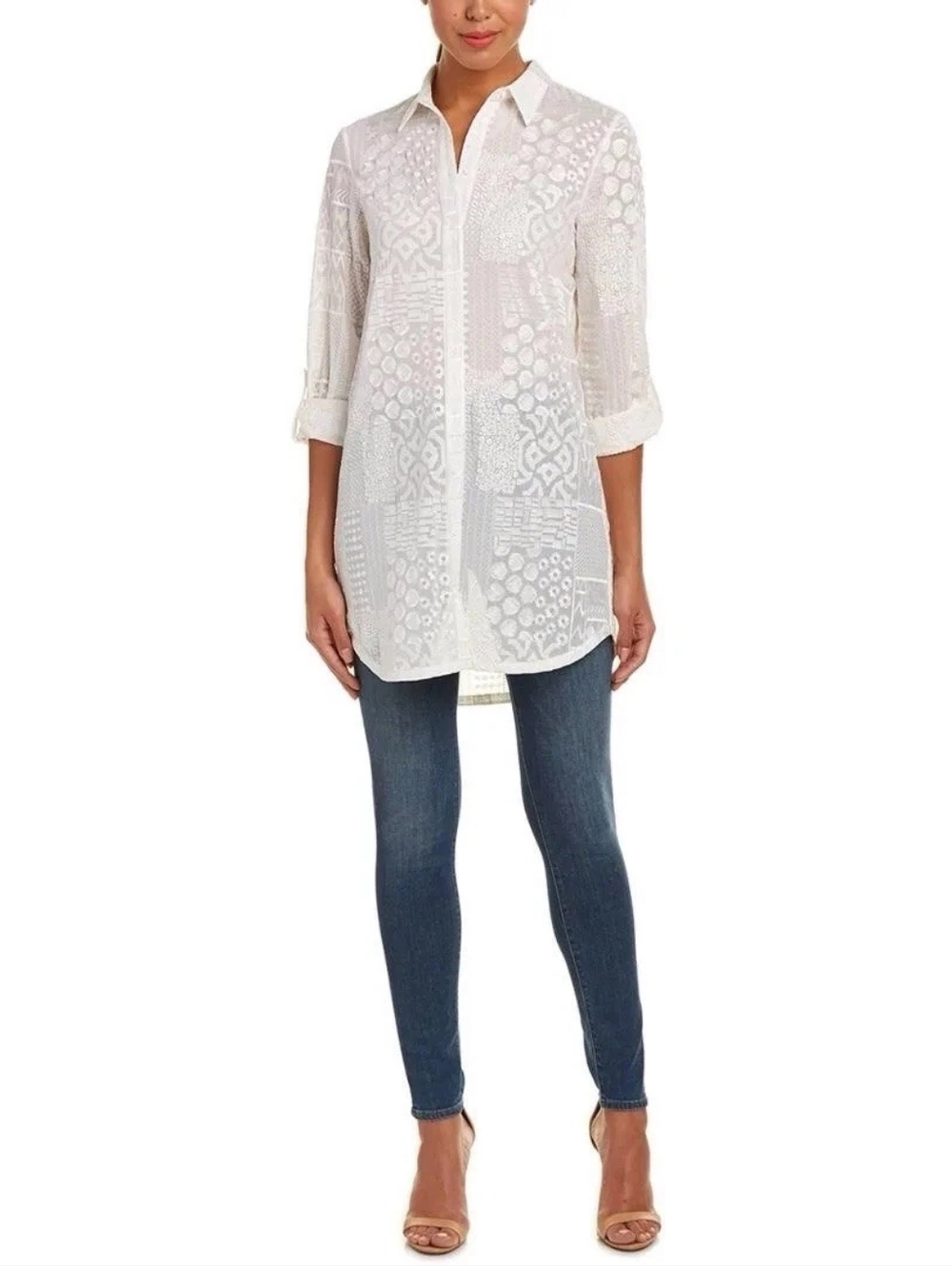 Alice + Olivia White Sheer Embroidered Button-Down Tunic Size M